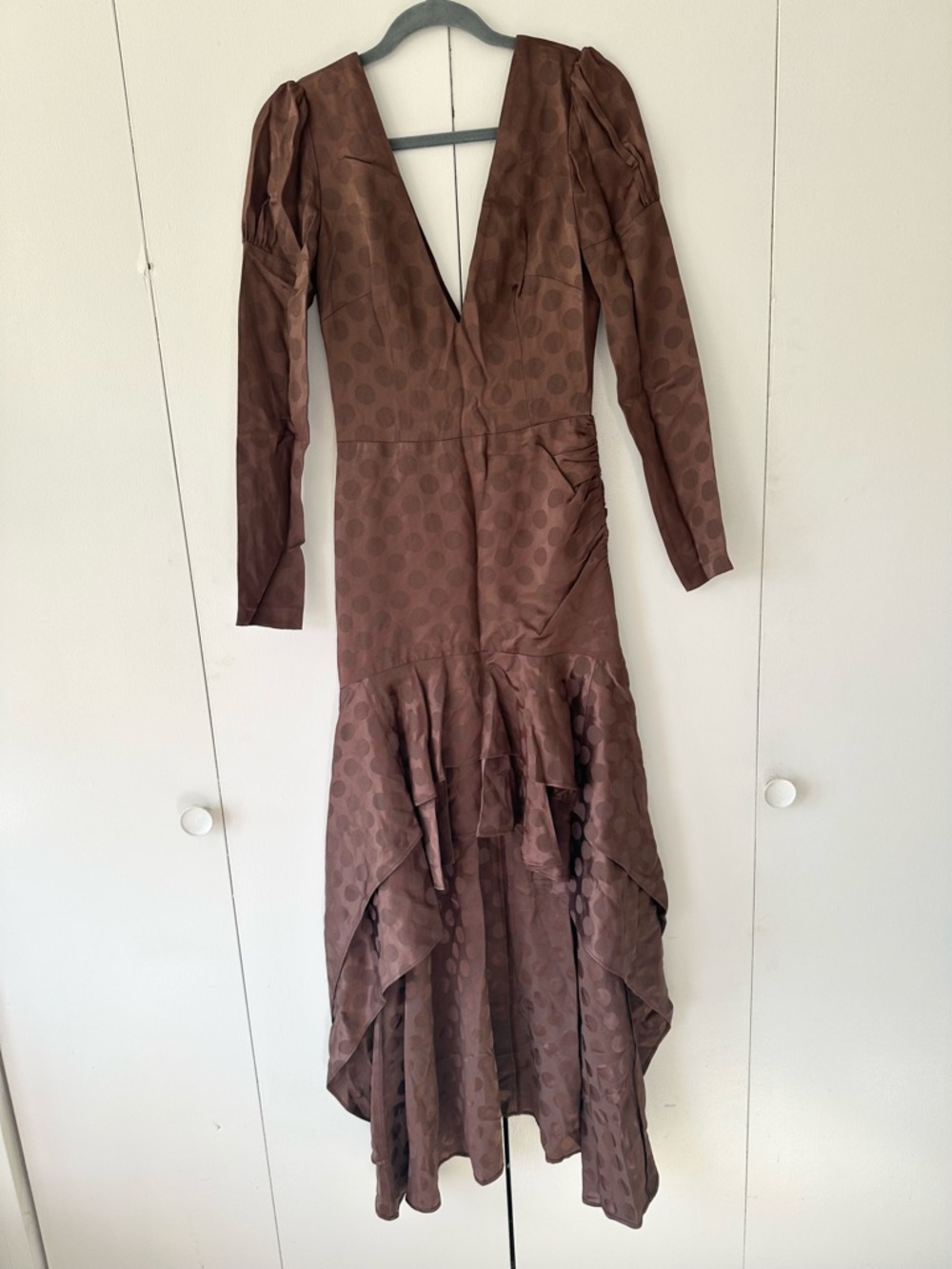 Elegant Brown Polka Dot V-Neck Long Sleeve Dress